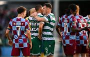 16 June 2025; Aaron Greene of Shamrock Rovers, right, in conversation with teammate Graham Burke during the SSE Airtricity Men's Premier Division match between Drogheda United and Shamrock Rovers at Sullivan & Lambe Park in Drogheda, Louth. Photo by Ben McShane/Sportsfile