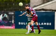 16 June 2025; Aaron Greene of Shamrock Rovers in action against Andrew Quinn of Drogheda United during the SSE Airtricity Men's Premier Division match between Drogheda United and Shamrock Rovers at Sullivan & Lambe Park in Drogheda, Louth. Photo by Ben McShane/Sportsfile
