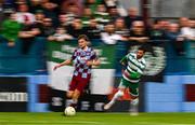 16 June 2025; Andrew Quinn of Drogheda United in action against Danny Mandroiu of Shamrock Rovers during the SSE Airtricity Men's Premier Division match between Drogheda United and Shamrock Rovers at Sullivan & Lambe Park in Drogheda, Louth. Photo by Ben McShane/Sportsfile