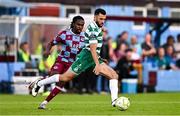 16 June 2025; Roberto Lopes of Shamrock Rovers in action against Thomas Oluwa of Drogheda United during the SSE Airtricity Men's Premier Division match between Drogheda United and Shamrock Rovers at Sullivan & Lambe Park in Drogheda, Louth. Photo by Ben McShane/Sportsfile