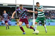 16 June 2025; Graham Burke of Shamrock Rovers in action against Conor Keeley of Drogheda United during the SSE Airtricity Men's Premier Division match between Drogheda United and Shamrock Rovers at Sullivan & Lambe Park in Drogheda, Louth. Photo by Shauna Clinton/Sportsfile