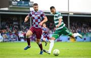 16 June 2025; Graham Burke of Shamrock Rovers in action against Conor Keeley of Drogheda United during the SSE Airtricity Men's Premier Division match between Drogheda United and Shamrock Rovers at Sullivan & Lambe Park in Drogheda, Louth. Photo by Shauna Clinton/Sportsfile