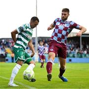 16 June 2025; Graham Burke of Shamrock Rovers in action against Conor Keeley of Drogheda United during the SSE Airtricity Men's Premier Division match between Drogheda United and Shamrock Rovers at Sullivan & Lambe Park in Drogheda, Louth. Photo by Shauna Clinton/Sportsfile