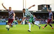 16 June 2025; Graham Burke of Shamrock Rovers in action against Conor Keeley of Drogheda United during the SSE Airtricity Men's Premier Division match between Drogheda United and Shamrock Rovers at Sullivan & Lambe Park in Drogheda, Louth. Photo by Shauna Clinton/Sportsfile