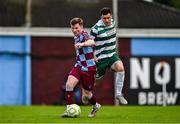 16 June 2025; Conor Kane of Drogheda United in action against Aaron Greene of Shamrock Rovers during the SSE Airtricity Men's Premier Division match between Drogheda United and Shamrock Rovers at Sullivan & Lambe Park in Drogheda, Louth. Photo by Ben McShane/Sportsfile