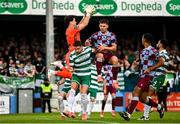 16 June 2025; Shamrock Rovers goalkeeper Ed McGinty gathers possession of a cross during the SSE Airtricity Men's Premier Division match between Drogheda United and Shamrock Rovers at Sullivan & Lambe Park in Drogheda, Louth. Photo by Ben McShane/Sportsfile