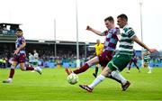 16 June 2025; Trevor Clarke of Shamrock Rovers in action against Kieran Cruise of Drogheda United during the SSE Airtricity Men's Premier Division match between Drogheda United and Shamrock Rovers at Sullivan & Lambe Park in Drogheda, Louth. Photo by Shauna Clinton/Sportsfile