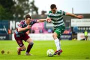 16 June 2025; Trevor Clarke of Shamrock Rovers in action against Kieran Cruise of Drogheda United during the SSE Airtricity Men's Premier Division match between Drogheda United and Shamrock Rovers at Sullivan & Lambe Park in Drogheda, Louth. Photo by Shauna Clinton/Sportsfile