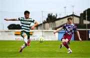 16 June 2025; Conor Kane of Drogheda United in action against Josh Honohan of Shamrock Rovers during the SSE Airtricity Men's Premier Division match between Drogheda United and Shamrock Rovers at Sullivan & Lambe Park in Drogheda, Louth. Photo by Ben McShane/Sportsfile