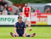 16 June 2025; Sean Boyd of Shelbourne reacts on the ground during the SSE Airtricity Men's Premier Division match between St Patrick's Athletic and Shelbourne at Richmond Park in Dublin. Photo by Thomas Flinkow/Sportsfile