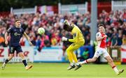 16 June 2025; St. Patrick's Athletic goalkeeper Joseph Anang heads the ball clear during the SSE Airtricity Men's Premier Division match between St Patrick's Athletic and Shelbourne at Richmond Park in Dublin. Photo by Thomas Flinkow/Sportsfile