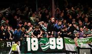 16 June 2025; Shamrock Rovers supporters celebrate after their second goal, scored by Aaron Greene, not pictured, during the SSE Airtricity Men's Premier Division match between Drogheda United and Shamrock Rovers at Sullivan & Lambe Park in Drogheda, Louth. Photo by Ben McShane/Sportsfile