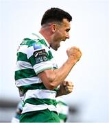16 June 2025; Aaron Greene of Shamrock Rovers celebrates after scoring his side's second goal during the SSE Airtricity Men's Premier Division match between Drogheda United and Shamrock Rovers at Sullivan & Lambe Park in Drogheda, Louth. Photo by Shauna Clinton/Sportsfile