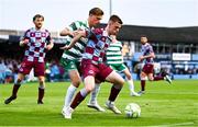 16 June 2025; Warren Davis of Drogheda United in action against Daniel Cleary of Shamrock Rovers during the SSE Airtricity Men's Premier Division match between Drogheda United and Shamrock Rovers at Sullivan & Lambe Park in Drogheda, Louth. Photo by Ben McShane/Sportsfile