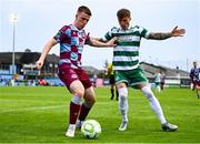 16 June 2025; Warren Davis of Drogheda United in action against Danny Grant of Shamrock Rovers during the SSE Airtricity Men's Premier Division match between Drogheda United and Shamrock Rovers at Sullivan & Lambe Park in Drogheda, Louth. Photo by Ben McShane/Sportsfile