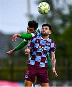 16 June 2025; Luke Heeney of Drogheda United and Danny Mandroiu of Shamrock Rovers contest a header during the SSE Airtricity Men's Premier Division match between Drogheda United and Shamrock Rovers at Sullivan & Lambe Park in Drogheda, Louth. Photo by Ben McShane/Sportsfile