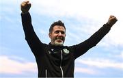 16 June 2025; Shamrock Rovers manager Stephen Bradley celebrates after his side's victory in the SSE Airtricity Men's Premier Division match between Drogheda United and Shamrock Rovers at Sullivan & Lambe Park in Drogheda, Louth. Photo by Ben McShane/Sportsfile