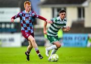 16 June 2025; Cory O'Sullivan of Shamrock Rovers in action against Shane Farrell of Drogheda United during the SSE Airtricity Men's Premier Division match between Drogheda United and Shamrock Rovers at Sullivan & Lambe Park in Drogheda, Louth. Photo by Shauna Clinton/Sportsfile