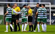 16 June 2025; Drogheda United manager Kevin Doherty in conversation with Shamrock Rovers players Roberto Lopes, 4, and Aaron Greene, right, after the SSE Airtricity Men's Premier Division match between Drogheda United and Shamrock Rovers at Sullivan & Lambe Park in Drogheda, Louth. Photo by Ben McShane/Sportsfile