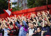 16 June 2025; Shelbourne supporters celebrate their side's victory in the SSE Airtricity Men's Premier Division match between St Patrick's Athletic and Shelbourne at Richmond Park in Dublin. Photo by Thomas Flinkow/Sportsfile