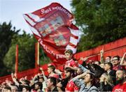16 June 2025; Shelbourne supporters celebrate their side's victory in the SSE Airtricity Men's Premier Division match between St Patrick's Athletic and Shelbourne at Richmond Park in Dublin. Photo by Thomas Flinkow/Sportsfile