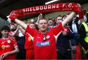 16 June 2025; A Shelbourne supporter celebrates his side's victory in the SSE Airtricity Men's Premier Division match between St Patrick's Athletic and Shelbourne at Richmond Park in Dublin. Photo by Thomas Flinkow/Sportsfile