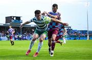 16 June 2025; Josh Honohan of Shamrock Rovers in action against Ryan Brennan of Drogheda United during the SSE Airtricity Men's Premier Division match between Drogheda United and Shamrock Rovers at Sullivan & Lambe Park in Drogheda, Louth. Photo by Shauna Clinton/Sportsfile