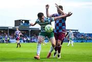 16 June 2025; Josh Honohan of Shamrock Rovers in action against Ryan Brennan of Drogheda United during the SSE Airtricity Men's Premier Division match between Drogheda United and Shamrock Rovers at Sullivan & Lambe Park in Drogheda, Louth. Photo by Shauna Clinton/Sportsfile