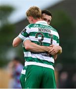 16 June 2025; Aaron Greene of Shamrock Rovers celebrates with teammate Michael Noonan after scoring their side's second goal during the SSE Airtricity Men's Premier Division match between Drogheda United and Shamrock Rovers at Sullivan & Lambe Park in Drogheda, Louth. Photo by Shauna Clinton/Sportsfile