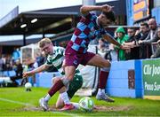 16 June 2025; Michael Noonan of Shamrock Rovers in action against Luke Heeney of Drogheda United during the SSE Airtricity Men's Premier Division match between Drogheda United and Shamrock Rovers at Sullivan & Lambe Park in Drogheda, Louth. Photo by Shauna Clinton/Sportsfile