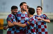 16 June 2025; George Cooper of Drogheda United celebrates after scoring his side's first goal during the SSE Airtricity Men's Premier Division match between Drogheda United and Shamrock Rovers at Sullivan & Lambe Park in Drogheda, Louth. Photo by Shauna Clinton/Sportsfile