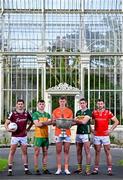 17 June 2025; In attendance at the national launch of the GAA Football All-Ireland Senior Championship Series are, from left, Shane Walsh of Galway, Shane O'Donnell of Donegal, Oisín O'Neill of Armagh, Paul Geaney of Kerry and Sam Mulroy of Louth, with the Sam Maguire Cup at the National Botanic Gardens in Dublin. Photo by Sam Barnes/Sportsfile