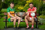 17 June 2025; Donegal footballer Shane O'Donnell, left, and Louth footballer Sam Mulroy with the Sam Maguire Cup at the national launch of the GAA Football All-Ireland Senior Championship Series at the National Botanic Gardens in Dublin. Photo by Sam Barnes/Sportsfile