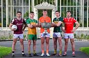 17 June 2025; In attendance at the national launch of the GAA Football All-Ireland Senior Championship Series are, from left, Shane Walsh of Galway, Shane O'Donnell of Donegal, Oisín O'Neill of Armagh, Paul Geaney of Kerry and Sam Mulroy of Louth, with the Sam Maguire Cup at the National Botanic Gardens in Dublin. Photo by Sam Barnes/Sportsfile