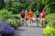 17 June 2025; In attendance at the national launch of the GAA Football All-Ireland Senior Championship Series are, from left, Shane Walsh of Galway, Shane O'Donnell of Donegal, Oisín O'Neill of Armagh, Paul Geaney of Kerry and Sam Mulroy of Louth, with the Sam Maguire Cup at the National Botanic Gardens in Dublin. Photo by Sam Barnes/Sportsfile