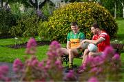 17 June 2025; Donegal footballer Shane O'Donnell, left, and Louth footballer Sam Mulroy with the Sam Maguire Cup at the national launch of the GAA Football All-Ireland Senior Championship Series at the National Botanic Gardens in Dublin. Photo by Sam Barnes/Sportsfile