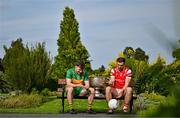 17 June 2025; Donegal footballer Shane O'Donnell, left, and Louth footballer Sam Mulroy with the Sam Maguire Cup at the national launch of the GAA Football All-Ireland Senior Championship Series at the National Botanic Gardens in Dublin. Photo by Sam Barnes/Sportsfile