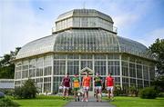 17 June 2025; In attendance at the national launch of the GAA Football All-Ireland Senior Championship Series are, from left, Shane Walsh of Galway, Shane O'Donnell of Donegal, Oisín O'Neill of Armagh, Paul Geaney of Kerry and Sam Mulroy of Louth, with the Sam Maguire Cup at the National Botanic Gardens in Dublin. Photo by Sam Barnes/Sportsfile