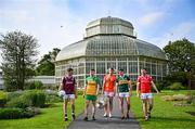 17 June 2025; In attendance at the national launch of the GAA Football All-Ireland Senior Championship Series are, from left, Shane Walsh of Galway, Shane O'Donnell of Donegal, Oisín O'Neill of Armagh, Paul Geaney of Kerry and Sam Mulroy of Louth, with the Sam Maguire Cup at the National Botanic Gardens in Dublin. Photo by Sam Barnes/Sportsfile