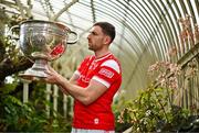 17 June 2025; Louth footballer Sam Mulroy poses for a portrait with the Sam Maguire Cup at the national launch of the GAA Football All-Ireland Senior Championship Series at the National Botanic Gardens in Dublin. Photo by Sam Barnes/Sportsfile