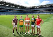 17 June 2025; In attendance at the national launch of the GAA Football All-Ireland Senior Championship Series are, from left, Shane Walsh of Galway, Shane O'Donnell of Donegal, Oisín O'Neill of Armagh, Paul Geaney of Kerry and Sam Mulroy of Louth, with the Sam Maguire Cup at the Croke Park in Dublin. Photo by Sam Barnes/Sportsfile
