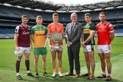 17 June 2025; In attendance at the national launch of the GAA Football All-Ireland Senior Championship Series is Uachtarán Chumann Lúthchleas Gael Jarlath Burns, with footballers from left, Shane Walsh of Galway, Shane O'Donnell of Donegal, Oisín O'Neill of Armagh, Paul Geaney of Kerry, Sam Mulroy of Louth, and the Sam Maguire Cup at the Croke Park in Dublin. Photo by Sam Barnes/Sportsfile