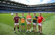 17 June 2025; In attendance at the national launch of the GAA Football All-Ireland Senior Championship Series are, from left, Shane Walsh of Galway, Shane O'Donnell of Donegal, Oisín O'Neill of Armagh, Paul Geaney of Kerry and Sam Mulroy of Louth, with the Sam Maguire Cup at the Croke Park in Dublin. Photo by Sam Barnes/Sportsfile