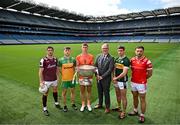 17 June 2025; In attendance at the national launch of the GAA Football All-Ireland Senior Championship Series is Uachtarán Chumann Lúthchleas Gael Jarlath Burns, with footballers from left, Shane Walsh of Galway, Shane O'Donnell of Donegal, Oisín O'Neill of Armagh, Paul Geaney of Kerry, Sam Mulroy of Louth, and the Sam Maguire Cup at the Croke Park in Dublin. Photo by Sam Barnes/Sportsfile