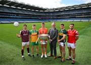 17 June 2025; In attendance at the national launch of the GAA Football All-Ireland Senior Championship Series is Uachtarán Chumann Lúthchleas Gael Jarlath Burns, with footballers from left, Shane Walsh of Galway, Shane O'Donnell of Donegal, Oisín O'Neill of Armagh, Paul Geaney of Kerry, Sam Mulroy of Louth, and the Sam Maguire Cup at the Croke Park in Dublin. Photo by Sam Barnes/Sportsfile