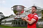 17 June 2025; Louth footballer Sam Mulroy poses for a portrait with the Sam Maguire Cup at the national launch of the GAA Football All-Ireland Senior Championship Series at the National Botanic Gardens in Dublin. Photo by Sam Barnes/Sportsfile