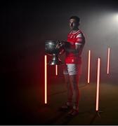 17 June 2025; Louth's footballer Sam Mulroy poses for a portrait with the Sam Maguire Cup at the national launch of the GAA Football All-Ireland Senior Championship Series at Croke Park, Dublin Photo by Ray McManus/Sportsfile