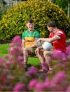17 June 2025; Donegal footballer Shane O'Donnell, left, and Louth footballer Sam Mulroy with the Sam Maguire Cup at the national launch of the GAA Football All-Ireland Senior Championship Series at the National Botanic Gardens in Dublin. Photo by Sam Barnes/Sportsfile