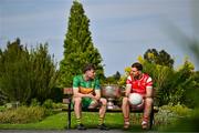 17 June 2025; Donegal footballer Shane O'Donnell, left, and Louth footballer Sam Mulroy with the Sam Maguire Cup at the national launch of the GAA Football All-Ireland Senior Championship Series at the National Botanic Gardens in Dublin. Photo by Sam Barnes/Sportsfile