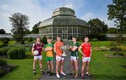 17 June 2025; In attendance at the national launch of the GAA Football All-Ireland Senior Championship Series are, from left, Shane Walsh of Galway, Shane O'Donnell of Donegal, Oisín O'Neill of Armagh, Paul Geaney of Kerry and Sam Mulroy of Louth, with the Sam Maguire Cup at the National Botanic Gardens in Dublin. Photo by Sam Barnes/Sportsfile